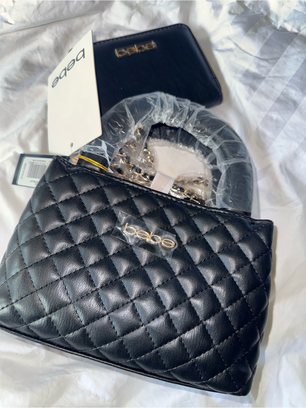 bebe Quilted Black Mini Top-Handle Bag with Gold Hardware